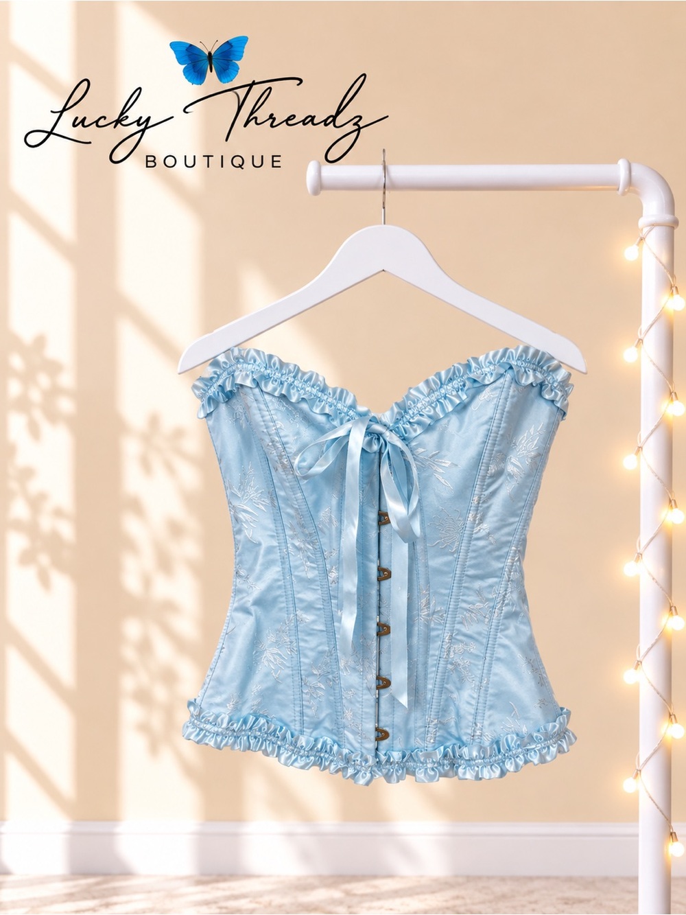 Light Blue Floral Jacquard Corset Top Small Lace Up Bustier Coquette Ruffle